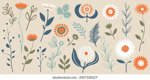 Elementos de plantas dibujados a mano, flores y hojas, diseño vectorial