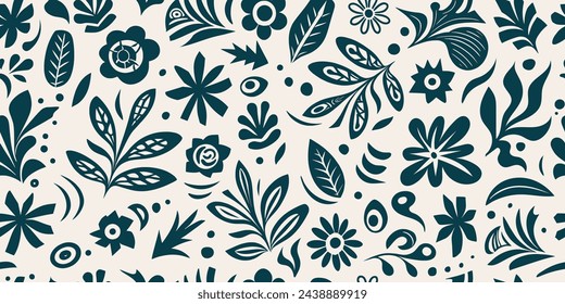 Hand drawn plant elements, flowers and leaves, seamless pattern, vector design