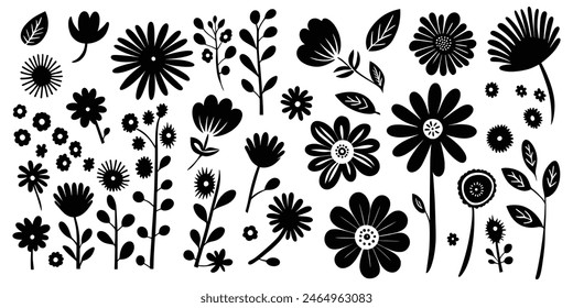 Hand drawn plant elements, flowers and leaves, vector design