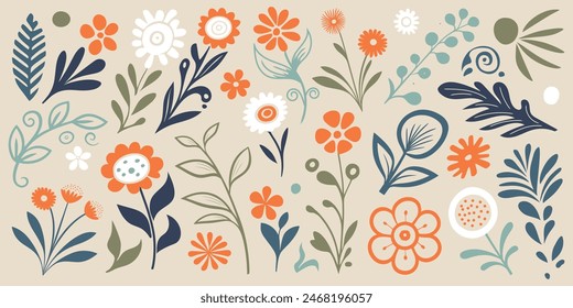 Hand drawn plant elements, flowers and leaves, vector design