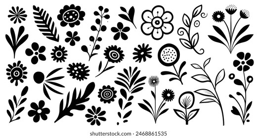 Hand drawn plant elements, flowers and leaves, vector design