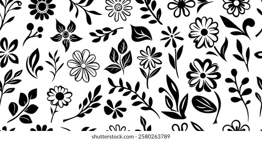 Hand drawn plant elements, flowers and leaves, seamless pattern, vector design