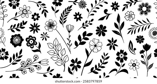 Hand drawn plant elements, flowers and leaves, seamless pattern, vector design