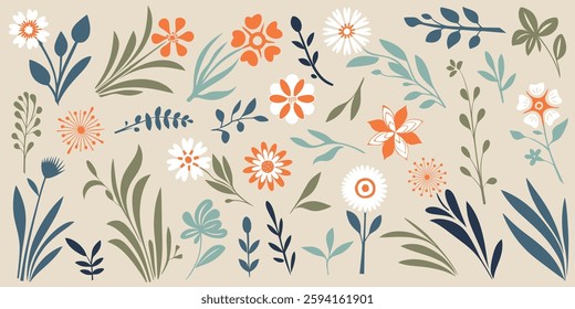 Hand drawn plant elements, flowers and leaves, vector design