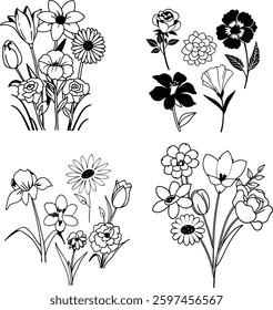 Hand drawn plant elements, flowers and leaves, isolated on white background, vector design