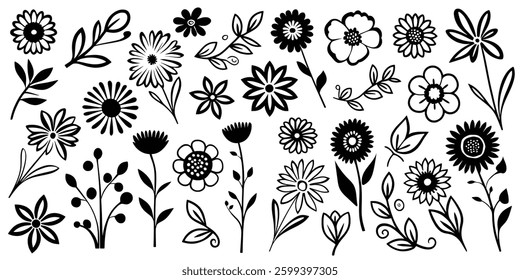 Hand drawn plant elements, flowers and leaves, isolated on white background, vector design