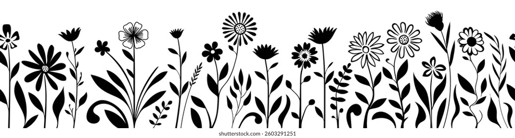 Hand drawn plant elements, flowers and leaves, seamless pattern, vector design