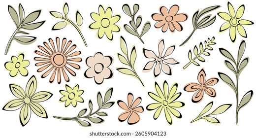 Hand drawn plant elements, flowers and leaves, vector design