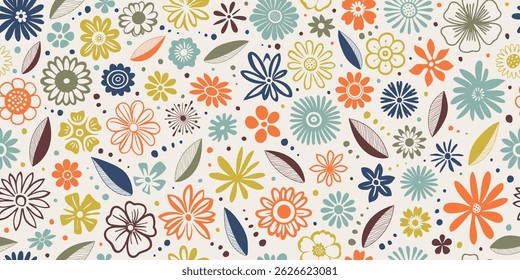 Hand drawn plant elements, flowers and leaves, seamless pattern, vector design