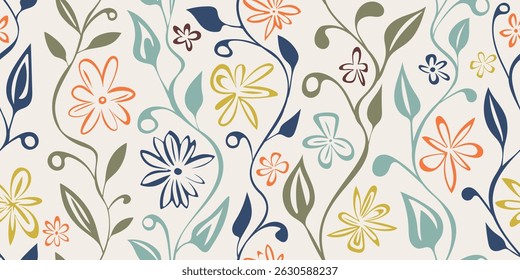 Dibujado a mano Elementos de plantas, flores y hojas, patrón sin fisuras, diseño de Vector