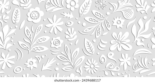 Hand drawn plant elements, light gray background, flowers and leaves, seamless pattern, vector design