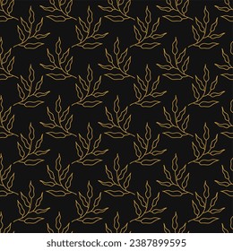 Hand drawn plant, seamless pattern. Gold leaves on black background repeat vector design. Retro vintage dark boho style.