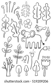 Hand drawn plants and animals 