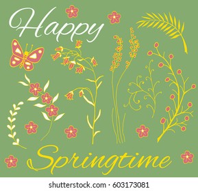 Hand drawn plants and flowers as elements for spring designs.