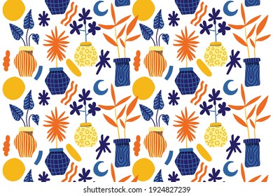 hand drawn plants nature vector illustration vase of flowers elements and pattern background