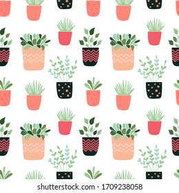 Plantas dibujadas a mano en la olla. - patrón transparente. - ilustración vectorial