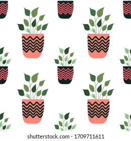 Hand drawn plants in pot. - seamless pattern. - vector illustration