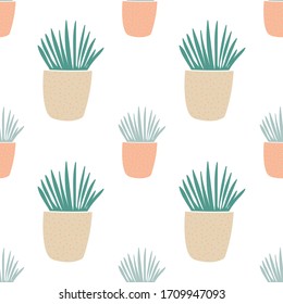Hand drawn plants in pot. - seamless pattern. - vector illustration
