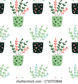 Hand drawn plants in pot. - seamless pattern. - vector illustration