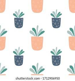 Plantas dibujadas a mano en la olla. - patrón transparente. - ilustración vectorial