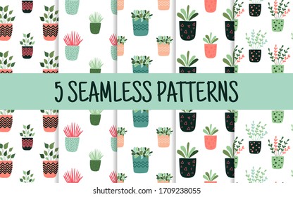 Hand drawn plants in pot. - set of seamless patterns. - vector illustration