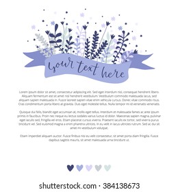 Hand drawn plants with ribbon. Text on ribbon. Floral template with ribbon Floral background with place for text. Brochure or flyer vector template.