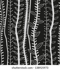 Hand drawn plants texture in retro style. Ecological seamless black and white background. Floral elegant pattern. Vector illustration