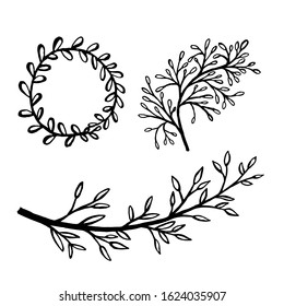 Hand drawn plants and tree branches with leaves. Vector floral silhouettes. Graphic design elements. Black and white botanical illustration.
