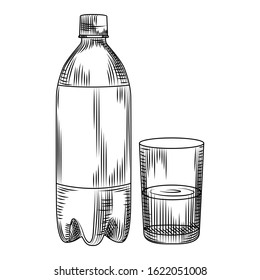 Hand drawn plastic bottle and glass isolated on white background. Engraving vintage style. Vector illustration.