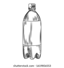 Hand drawn plastic bottle isolated on white background. Engraving vintage style. Vector illustration.