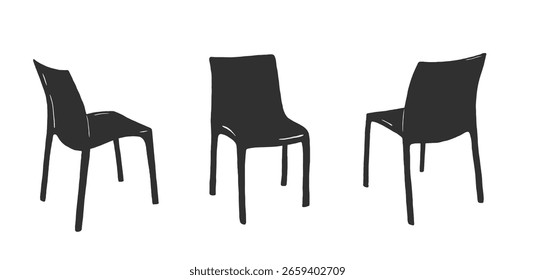 Hand drawn plastic chairs vector illutsrtation. Outdoor furniture sketch set in various angles