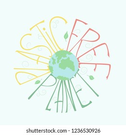 Hand drawn Plastic Free Planet illustration, logo. Planet Earth with lettering in cartoon flat style. Ecology concept