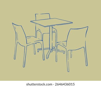 Mesa de plástico desenhada à mão e cadeiras ilustração vetorial. Mobiliário exterior para café e pátio. Esboço de bistrô de rua externa