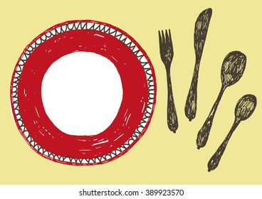 hand drawn plate with cutlery