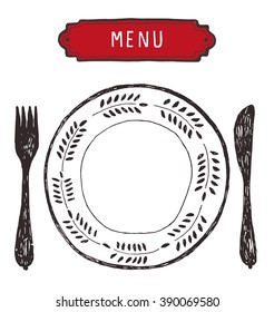 Hand Drawn Plate With Cutlery