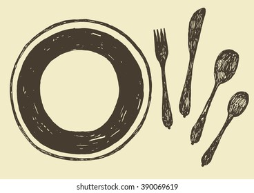 hand drawn plate with cutlery