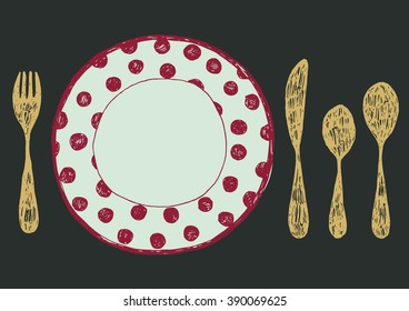 hand drawn plate with cutlery