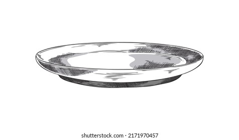 Hand drawn plate and engraving texture  sketch vector illustration isolated white background  Empty dishware for dining  Retro tableware crockery 