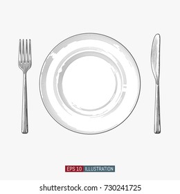 Hand Drawn Plate, Fork And Knife. Engraved Style Vector Illustration. Elements For Your Design Works.