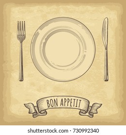 Hand drawn plate, fork and knife. Ribbon banner with Bon Appetit lettering. Engraved style vector illustration. Elements for your design works.