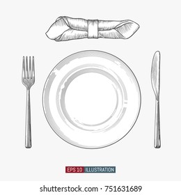 Hand drawn plate, fork, knifes and napkin. Engraved style vector illustration. Elements for your design works.