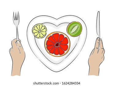 Hand drawn plate heart shape with grapefruit,kiwi and lemon. Healthy food Vector illustration. Food background Healthy lifestyle concept dieting, fitness and nutrition. Farm fresh vegetables sketch st