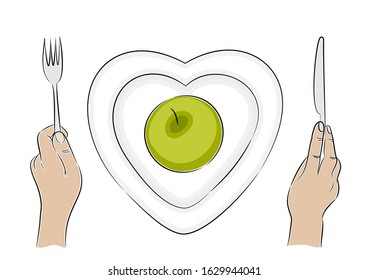 Hand drawn plate heart shape with apple. Healthy food Vector illustration. Food background Healthy lifestyle concept dieting, fitness and nutrition. Farm fresh vegetables sketch 