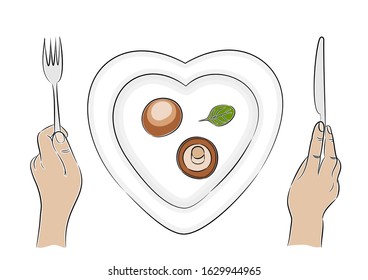 Hand drawn plate heart shape with mushrooms. Healthy food Vector illustration. Food background Healthy lifestyle concept dieting, fitness and nutrition. Farm fresh vegetables sketch 