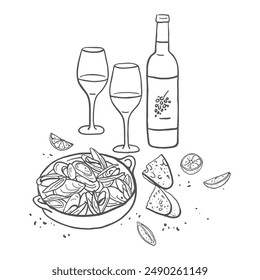 Hand drawn plate with mussels and wine