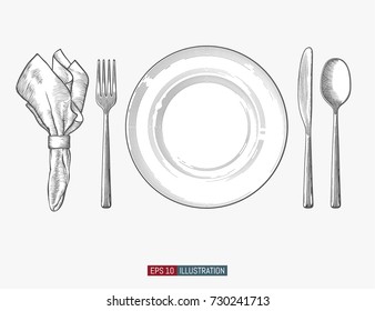 Hand drawn plate, napkin, fork and knife. Engraved style vector illustration. Elements for your design works.