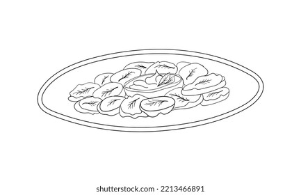 Hand drawn plate with potato pancakes, vegetable pancakes, Hanukkah latkes with sauce, sour cream and herbs. Isolated on white background