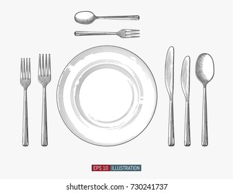 Hand drawn plate, spoon, forks and knifes. Engraved style vector illustration. Elements for your design works.