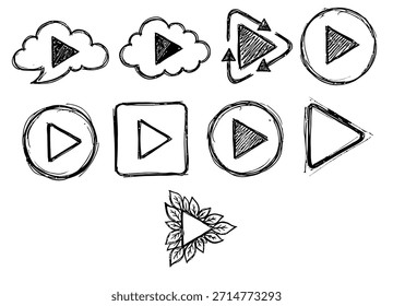 Conjunto de iconos de Botón de juego dibujado a mano – Símbolos de control de medios de estilo de boceto