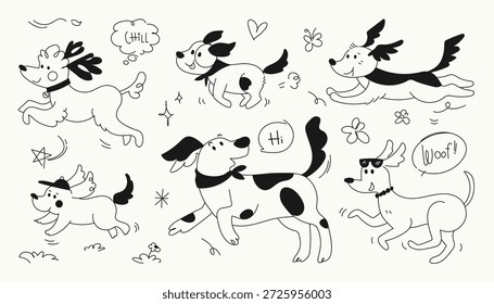 Dibujado a mano de perros juguetones. Conjunto de Ilustración vectorial plana de dibujos animados doodle.